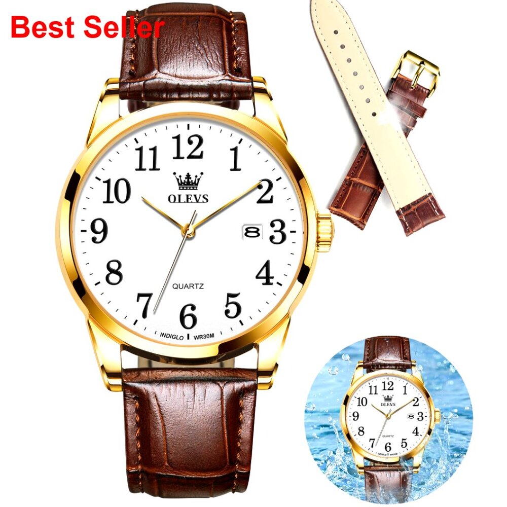 Leather Band Dress Watch Waterproof Large Face Chronograph